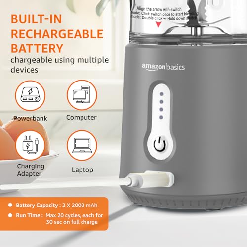 Image of Amazon Basics Portable Hand Blender for Smoothies and Juices | Pulse Mode | USB Rechargeable | 6 Stainless Steel Blades | 500 ml Jar | 1 year Warranty | 2x2000 mAh Batteries (Grey)