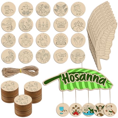 Yalikop 48 Pcs Palm Sunday Crafts Easter Holy Week DIY Wood Ornaments with 8 Large Leaf and 40 Paintable Discs for Religious Church Activities Sunday School Home Decor