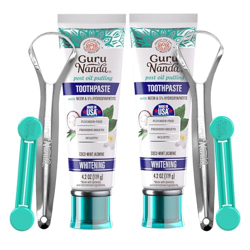 Image of GuruNanda Hydroxyapatite Toothpaste with Neem, SLS & Fluoride Free, 2x4.2oz | Whitening Toothpaste for Sensitive Teeth with Xylitol|Fights Plaque|With Tongue Scraper, Toothpaste Squeezer|CocoMint Jasmine