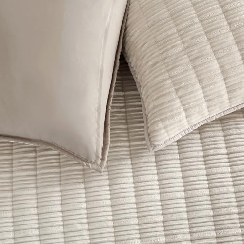 Image of Wonderful Corduroy Texture Beige Quilt Set Queen - Hypoallergenic Skin-Friendly Soft Plush Velvety Touch Bedspread, Classic Vertical Striped Lightweight Coverlet for All Season, 94 inchx94 inch