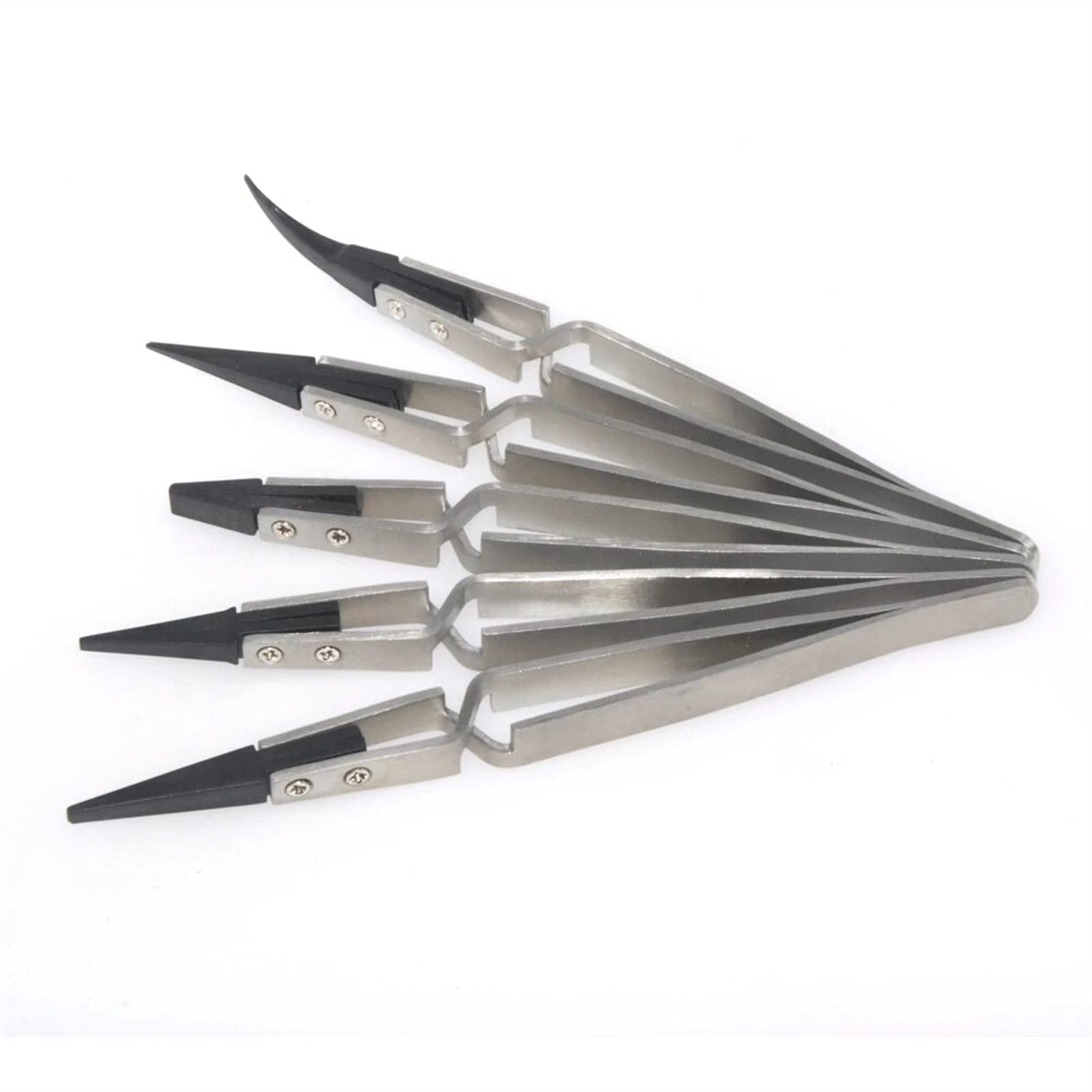 Set di pinzette di precisione in acciaio inox, colore argento e nero, punte piatte, dritte e curve, punta in plastica per un uso sicuro, ideale per la cura delle sopracciglia e il fai da te, strumento