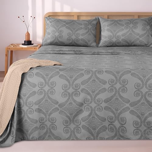 Utopia Bedding Juego de Sabanas Estampado 4 Piezas 150x200   Poliéster Microfibra Cepillada   Sábana Bajera, Sábana Plana y 2 Fundas de Almohada 50x75 (Cama 150, Paisley Gris)