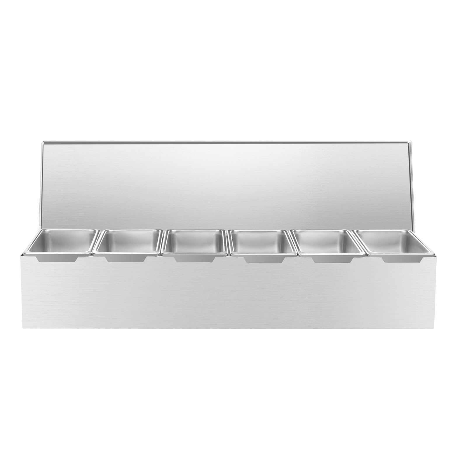 WooDerson 6 griglie per spezie, in acciaio inox, con coperchio, per conservare sale, pepe nero, peperoncino, ecc., 46 x 15 x 9 cm, argento