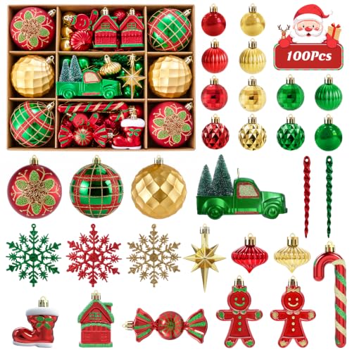 Dolicer 100 Pcs Christmas Ornaments Various Elements Christmas Tree Ornaments Set Red Gold Green Christmas Ball Ornament Shatterproof Hanging Decorations for Xmas Tree Holiday Party, Pre-Tied Strings