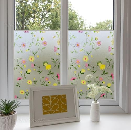 Image of WALLMATE Frosted Glass Window Film, Privacy Film for Glass Windows, Heat Blocking,Decorative Removable Indoor Frosting Clings for Bathroom (Bell Flower, 16X72)