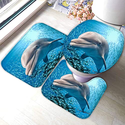 Badematte Meerestiere,Delfine Badematten Set rutschfest Waschbar Badgarnitur 3teilig - WC Deckelbezug U-förmigen Contour… – Bild 4