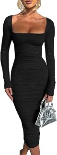 Women's Sexy Bodycon Long Sleeves Ruched Square Neck Party Club Midi Dress