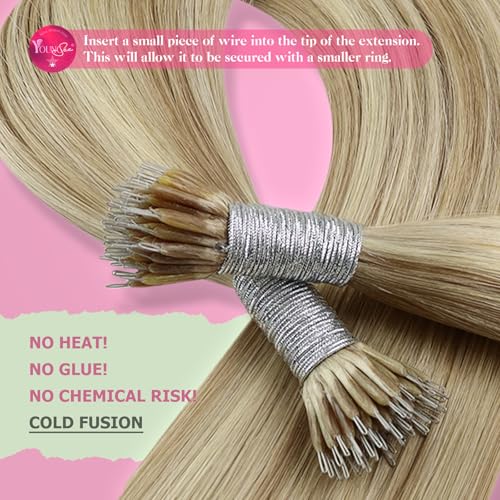 Image of YoungSee Nano Tip Hair Extensions Real Human Hair Blonde Nano Extensions Human Hair Warm Ash Blonde Highlights Bleach Blond Nanobead Hair Extension 22 Inch Long Hair Nano-Tip Extension 50 Strands 50g
