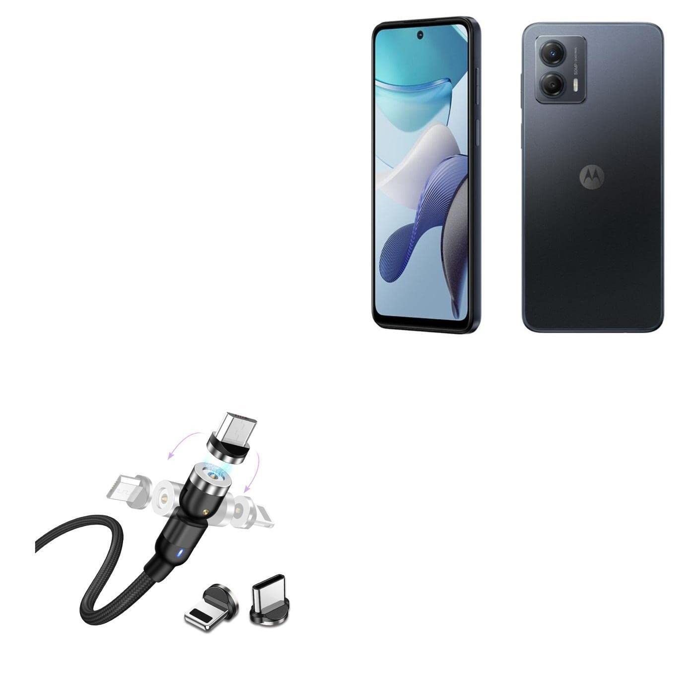 BoxWave Cable Compatible with Motorola Moto G53 - MagnetoSnap AllCharge Cable, Magnet Charging Cable USB Type-C Micro USB for Motorola Moto G53 - Jet Black