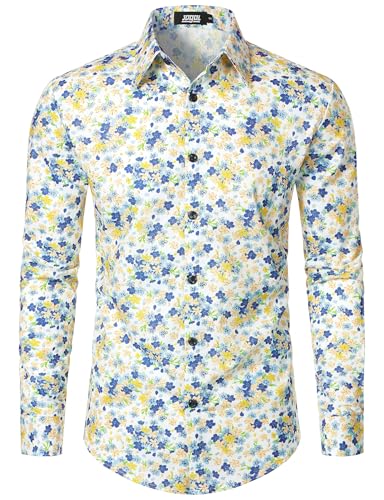 JOGAL Herren Regular Fit Floral Business Hemd Langarm Button Down Print Freizeithemd Weiß Gelb Floral Groß