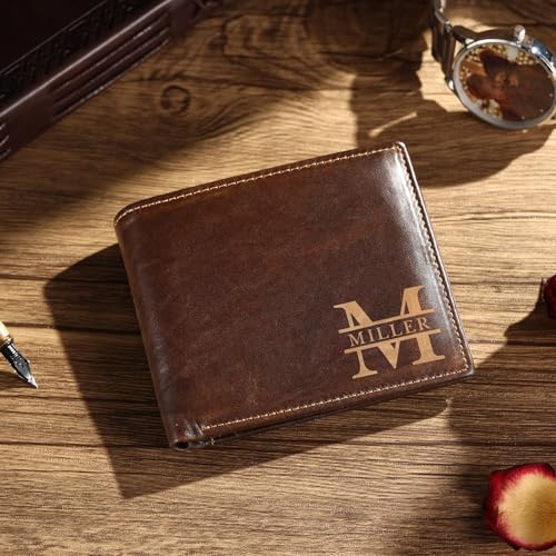 Image of Personalized Leather Wallet for Men, Custom Engraved with Name or Initials - RFID Blocking Bifold Thin Wallet, Ideal Father's Day Birthday Gift for Dad Husband, Comes with Gift Box (Dark Coffee)