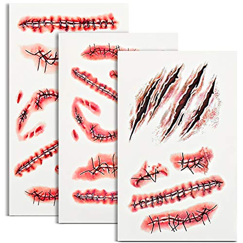 HNYYZL Temporary Tattoo, Halloween Tattoo Sticker Waterproof Long Lasting Horror Realistic Stitch Scar Wound Body Stickers for Masquerade Prank Makeup, Zombies Cosplay(3 Sheets, 22 Patterns)