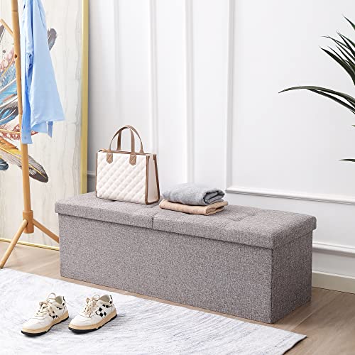 Image of Storage Ottoman Bench Foldable Footrest Foot Stool, 45 inch Fabric Grey | Small Ottoman Foot Rest Seat Shoe Bench Flip-Top forliving Room End of Bed Bedroom Couch Dorm 166L Folding Upholstered Chair