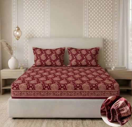 Image of VAS COLLECTIONS 180 TC Cotton Fitted Bedsheet Double Bed (72x78+8 Inches) with 2 Pillow Covers - Soft Breathable Skin Friendly Jaipuri Printed Elastic Fitted Bed Sheet, Wine