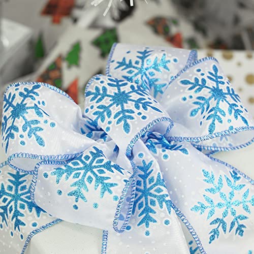 MEEDEE Blaues Schneeflockenband, weißes Band mit blauem Glitzer-Schneeflockenband, 6.3 cm, Weihnachtsband… – Ansicht 4