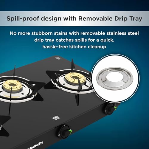 Image of Butterfly Bleu Ray 3 Burner Glass Top Gas Stove | Removable Drip Tray | Brass Burner Gas Stove with Tri‑Flow Jumbo Burner