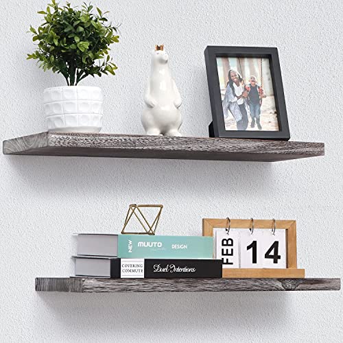 Image of Hamdan Collection Floating Shelves, 24 Inch Wall Shelf Set of 2, Rustic Wood Shelves for Wall Storage, Wall Mounted Wooden Display Shelf for Bathroom Bedroom-Grey