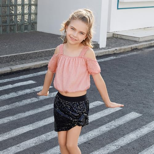Image of Perfashion Girls Puff Short Sleeve Corp Tops Cold Shoulder Shirts swiss dot chiffon blouse for 4-13 Years