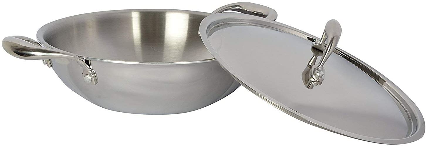 Tabakh Food Grade 1.8 Liter Induction Friendly Platinum (TRI PLY) 18/8 Stainless Steel Kadai w/Stainless Steel Lid (22cm, 1.8 Litre)