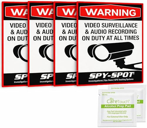 Spy Spot Audio and Video Surveillance Warning Decals - 4 Pack 4" x 3" Weatherproof UV Resistant Vinyl Security Stickers for Windows, Doors, Walls, Home, Business, and Vehicles - Easy Peel and Apply