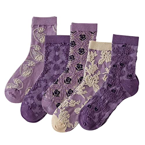 DXYAKY 5 Paar Damen Socken aus Baumwolle, Vintage-Muster, Crew-Socken, Knöchel, gerüscht, warm, lässig, Kleid, 5 Paar – Violett, Einheitsgröße