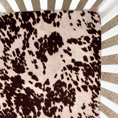 Image of Brown Cow Print Baby Fitted Crib Sheet Western Cowboy Boho Cowhide Highland Soft Farmhouse Gender Neutral Animal Print
