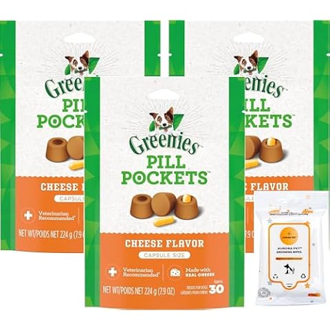 Aurora Pet Bundle Pack (3) 7.9-oz Greenie Pill Pockets Cheese Flavor Capsule Size Natural Dog Treats with AuroraPet Wipes Cover