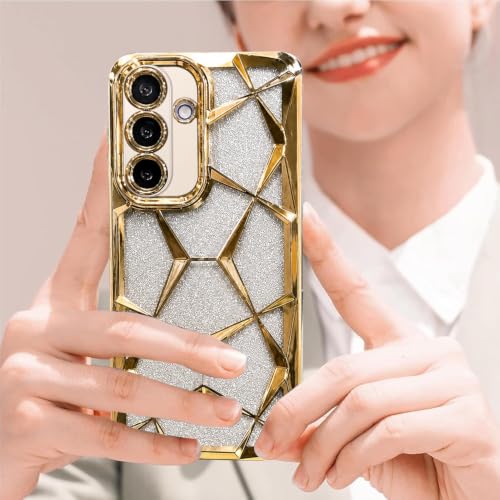 Image of VONZEE Gradient Glitter Case for Samsung Galaxy M56 / F56, Luxury Electroplated 3D Cube, Diamond Bling Shiny Soft TPU Clear Shockproof Women Girls Protective Phone Cover (Gold)