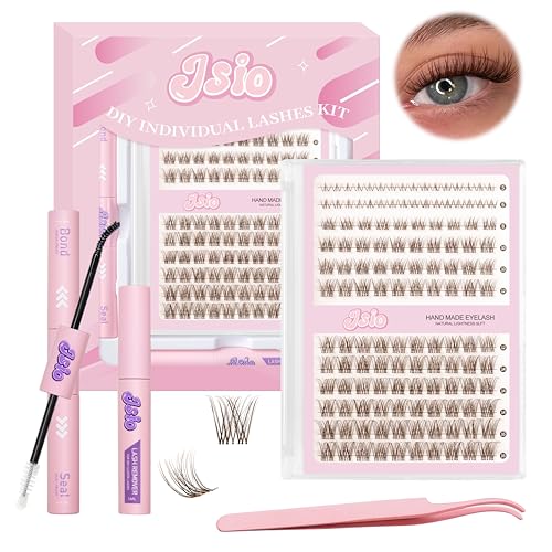 Brown Cluster Lashes with Bottom Kit Lashes Individual Cluster Kit Lash Clusters with Bond&Seal&Remover D Curl Lashes DIY Eyelash Extensions Kit for Beginners By Jsio(Luxe-Brown Kit)
