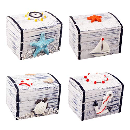 4 PCS Wood Nautical Box Wooden Treasure Chest , Intricate & Meticulous Detailing Art Handcrafted Treasure Chest Trinket Accessory Storage Tabletop Accent Nautical Themed Home DÃ©cor(3x 2.2 Inch,Blue)