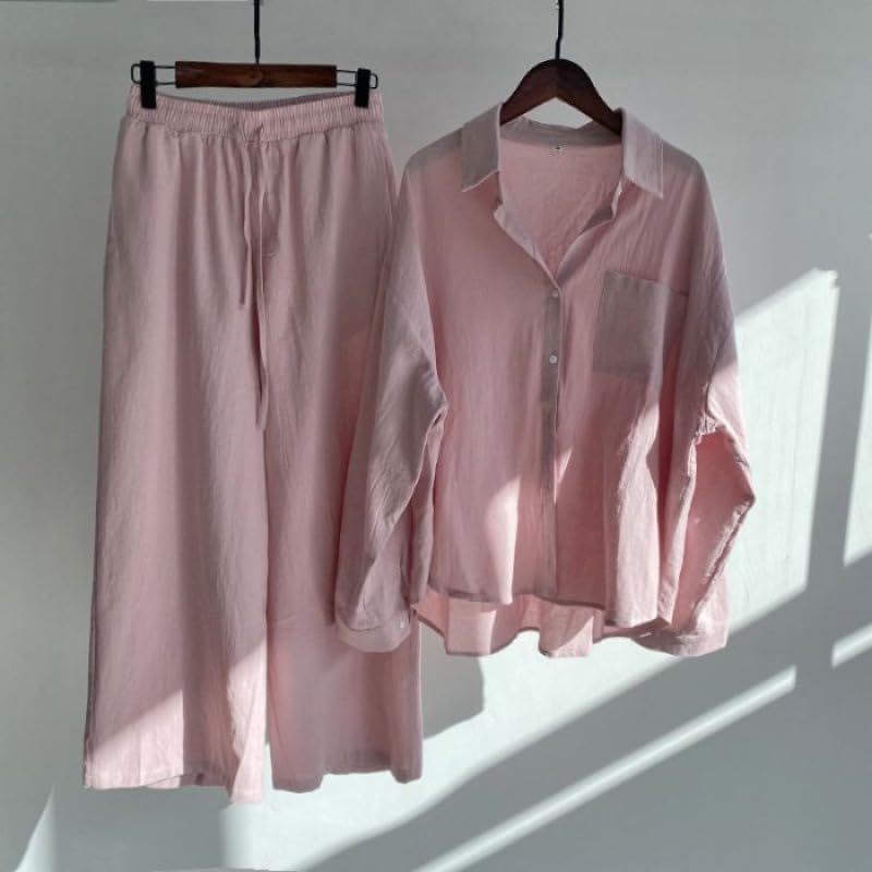 Women Linen Shirt Set Loose Fit Pants Casual Summer Outfit