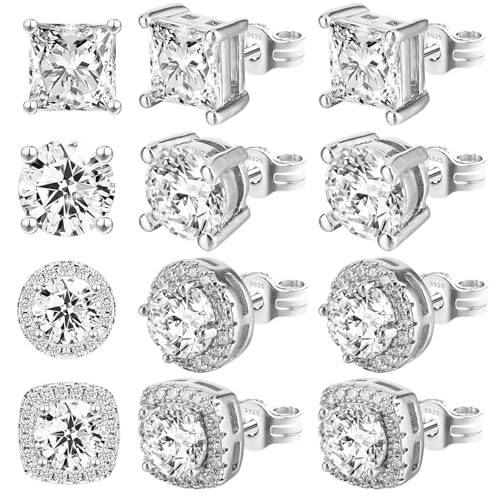 Cubic Zirconia Earrings Studs, 4 Pairs Small Square Woman Mens Stud,Anti Sensitive Water Drop Shape,Square Round Earrings