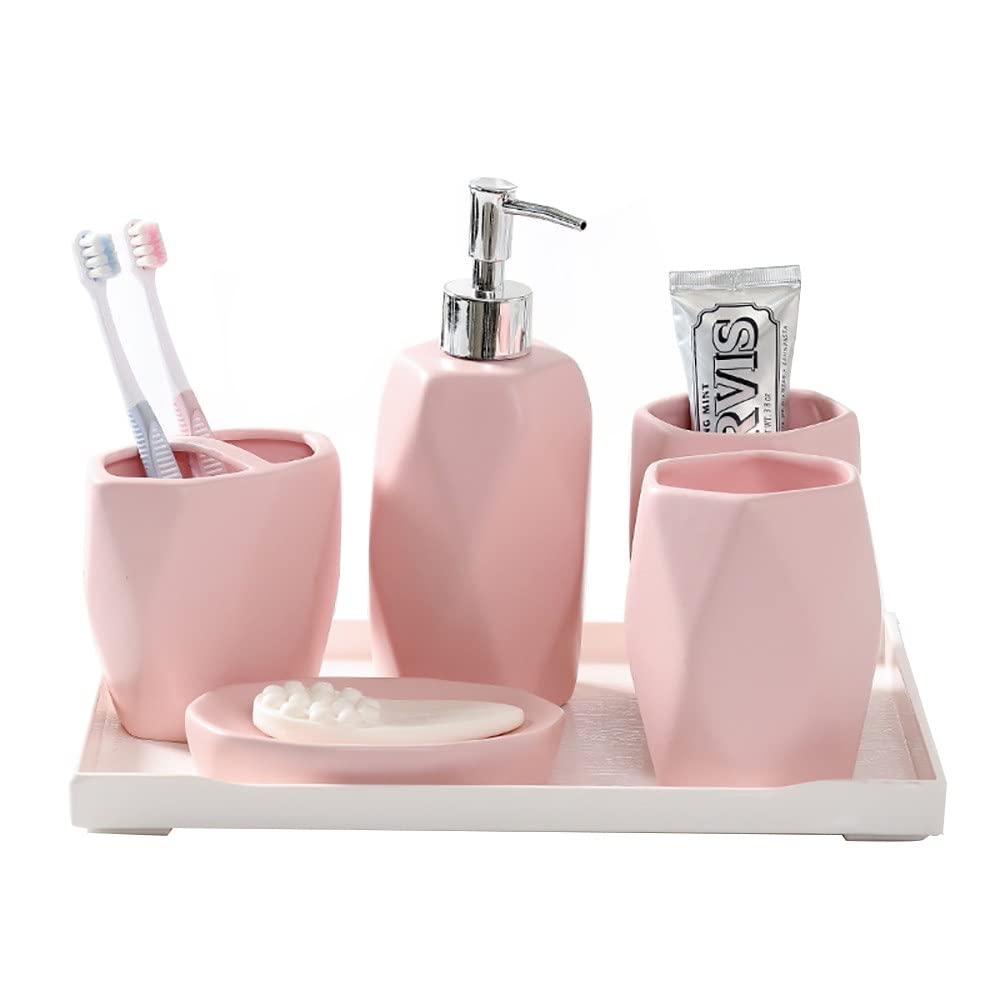 DSMYYXGS 5/6 Piezas Juego de Accesorios for Baño, Cerámica de Diamante Boquilla de Recubrimiento- Porta Cepillos de Dientes, Jabonera, Dispensador de Jabón, Vaso for Enjuague Bucal, Bandeja