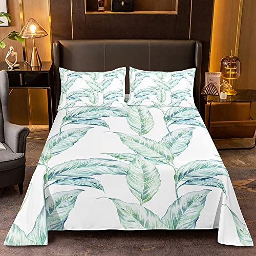 Abosbeet Palm Leaf Flat Sheet Set Twin Size Tropical Green Leaves Plant Print Jungle Botanical Bed Sheet All-Season Set Soft Sheets Set With 1 Fitted Sheet 1 Flat Sheet And 2 Pillowcases #TOP11