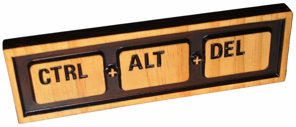 “Ctrl Alt Del” (Reboot), Decorative Wood Sign Plaque, Carved & Stained, 10” x 3”