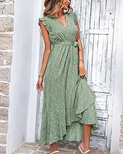 BTFBM Summer Floral Maxi Dress for Women 2025 Vacation Ruffle Sleeve V Neck Belt Wrap Spring Beach Wedding Guest Dresses3