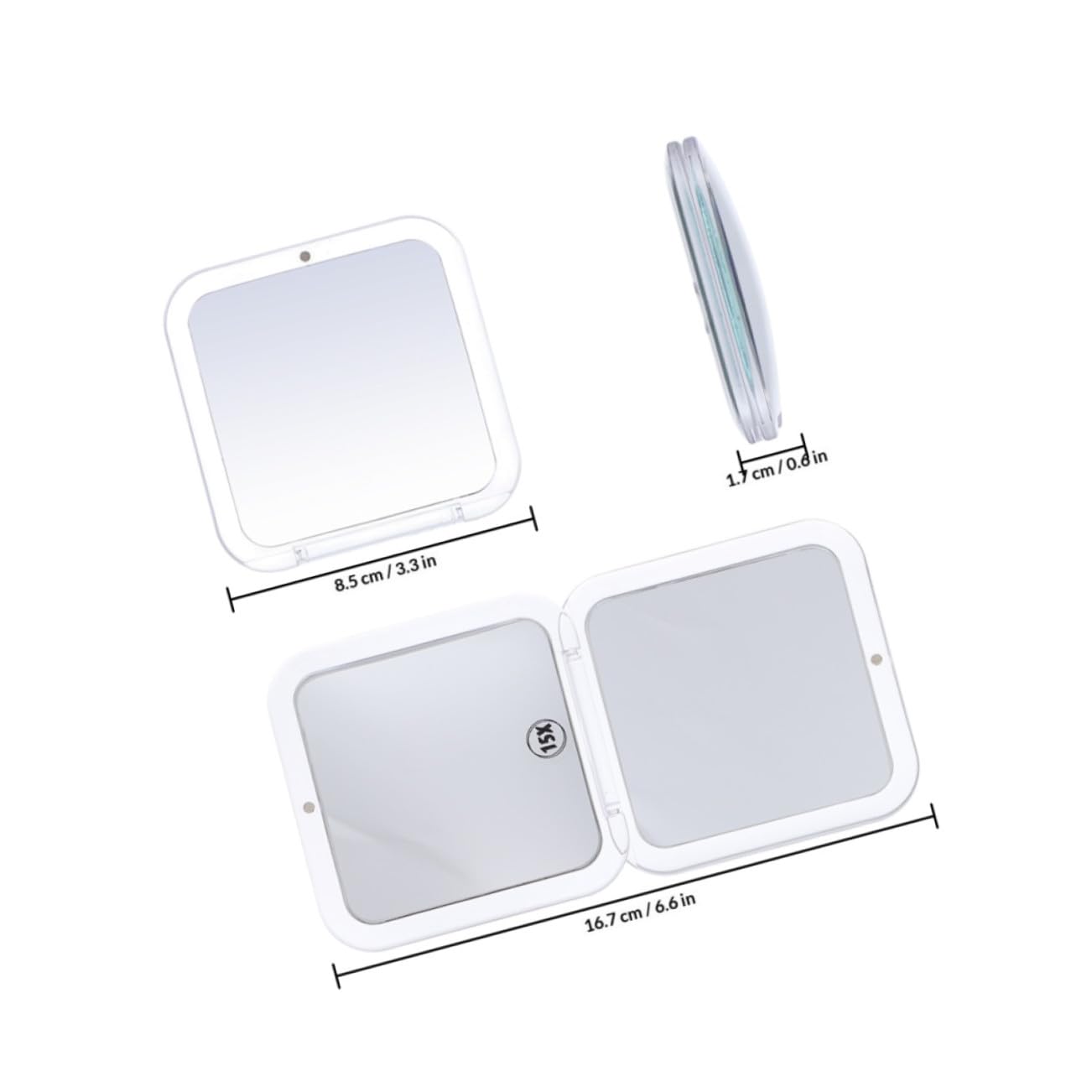Espejo de Maquillaje Plegable Mini Cuadrado 15x 2 Piezas | Acrílico Blanco, Doble Cara 1x/15x, Portátil y Estable, Formato de Bolsillo para Bolso y Viaje