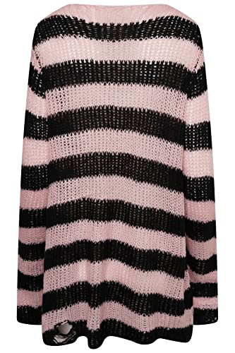 Image of Ro Rox Gothic Knitted Jumper with Distressed Look - Oversized Pullover Ripped Design, Loose Fit, 90s Grunge Stripe Pattern
