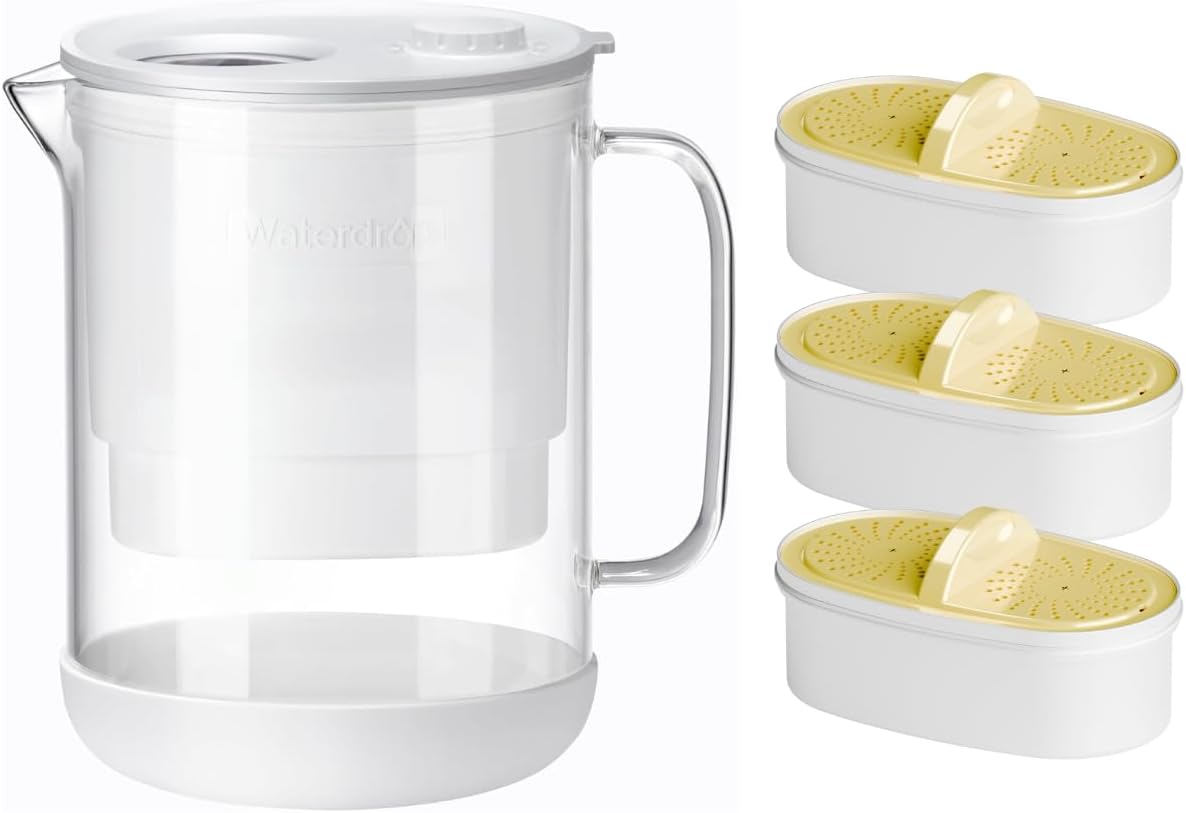 Waterdrop Glass Water Filter Pitcher with 3 Filters, Eco-Friendly, with NSF 53&42&372 Certified Filter, 7-Cup, Reduces PFAS, Chlorine, Cadmium, Copper, Mercury, BPA Free, Easy to Clean