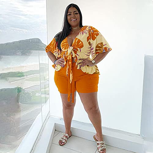 Plus Size 2 Piece Outfits for Women Summer Boho Ruffle Crop Top Shorts Set Floral Print Beach Cover Up2