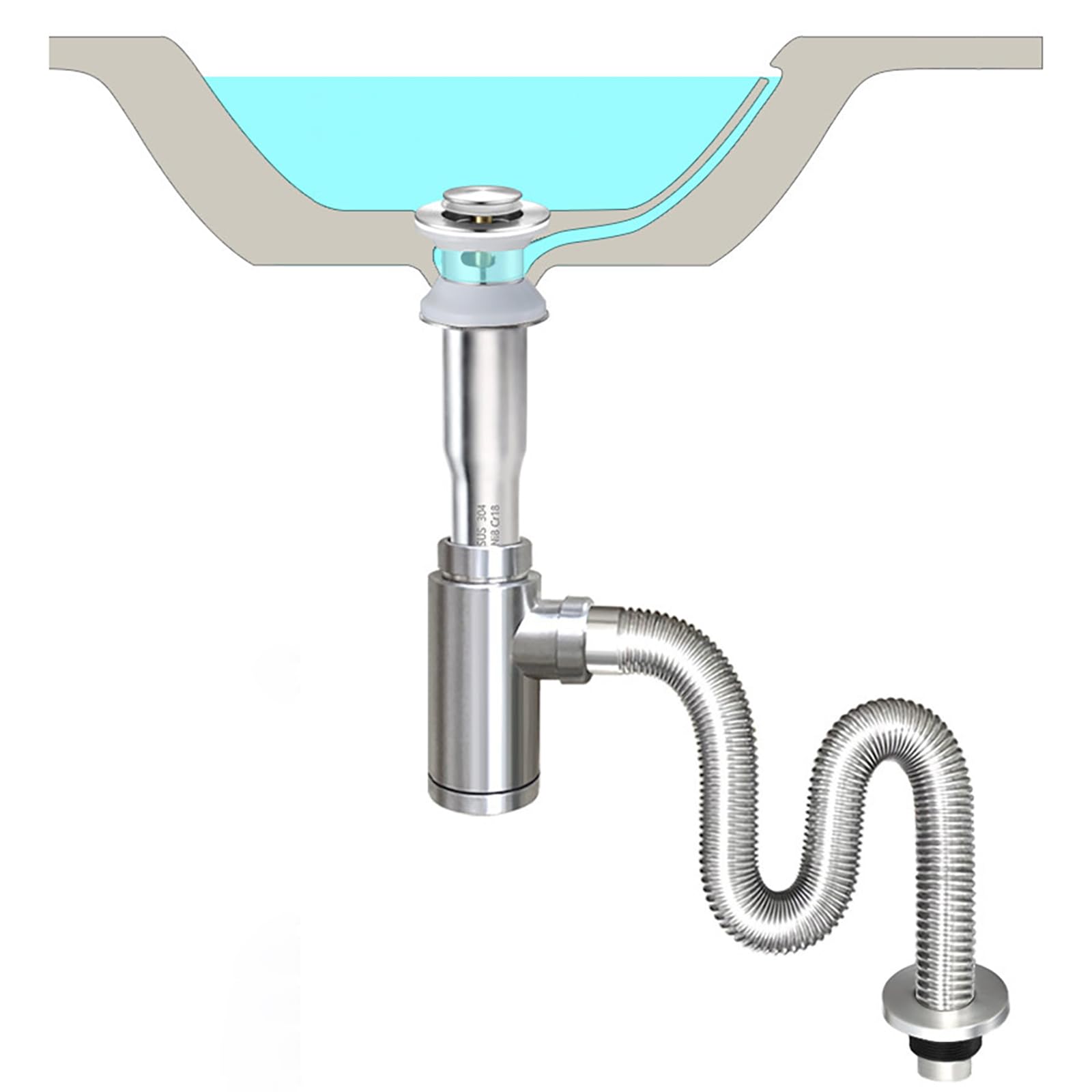 Sifone Lavabo Bagno in Acciaio Inox,Piletta Click Clack,Anti-Odore & Insetti Tubo Scarico Lavandino Flessibile,G 1 1/4"