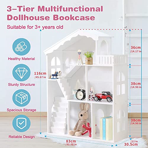 Dollhouse Bookcase Bookshelf For Kids Books Toys,Doll House Wooden Toys Books Storage Organiser Shelf, Gift For Children With 3 Tier Display Shelving Unit White Storage Rack #TOP1
