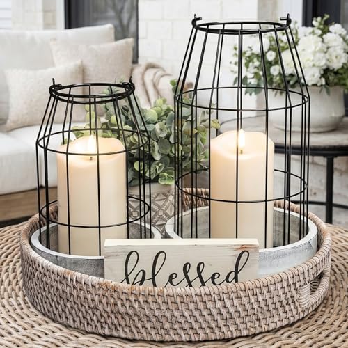 Rustic Farmhouse Lantern Decor Set of 2 - Stylish Decorative Lanterns for Your Living Room, Fireplace Mantle or Kitchen Dining Table - Modern Indoor/Outdoor Coffee Table Decor for Your Entire Home