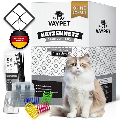 VAYPET® Katzennetz für Balkon ohne Bohren inkl. Klebehaken & Silikonkleber I Robustes Katzennetz drahtverstärkt & wetterfest I Einfach mit dem...