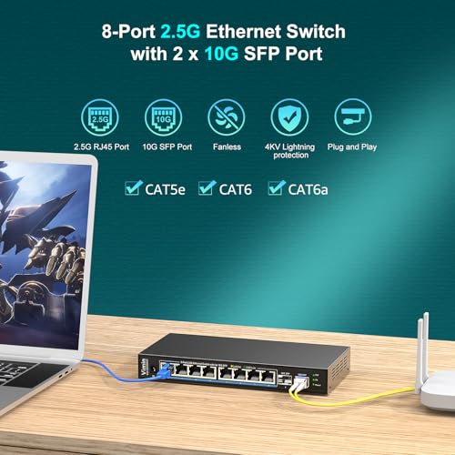 Image of 10 Port 2.5G Switch Unmanaged, VIMIN 8X 2.5G Switch base-T Ports+2X10G SFP+ Port, 80Gbps Switching Capacity, 2.5G 8 Port Ethernet Switch, Metal Housing, Fanless, Work for 2.5Gbps NAS, Wireless AP & PC