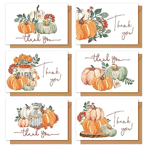 Image of AnyDesign Autumn Thank You Cards Bulk 36 Pack Watercolor Fall Pumpkin Thank You Note Cards with Envelopes Stickers Thanksgiving Blank Greeting Cards for Party Supplies, 4 x 6 Inch