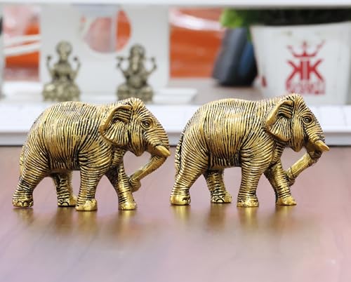 Image of KridayKraft African Elephants Animal Decorative Showpiece Figurine Set of 2 Pcs Metal Handcrafed Gold Toned Antique Finish, Home Decor