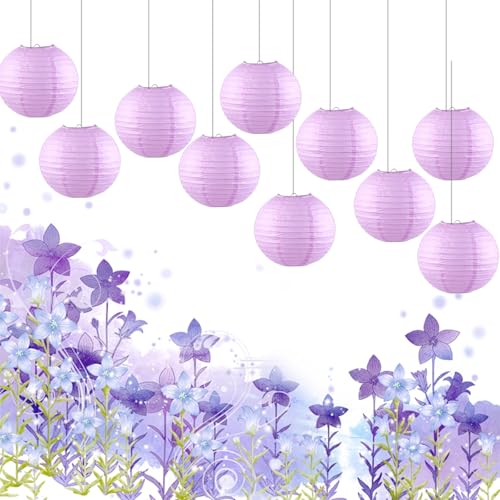 Image of Chinese Paper Lanterns - Pack of 10, 12-Inch Light Purple Hanging Lights for Birthday Party Decorations, Ceiling Decor, Rainbow Classroom, Dorm Decor, and Tea Party