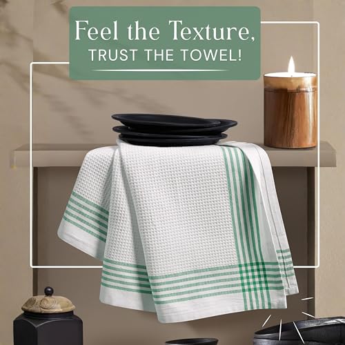 Image of Waffle White & Dark Green Kitchen Towels 4 Pack, 100% Cotton, 16x26 inches, Super Absorbent Tea Towel for Drying Dishes, Quick Drying Kitchen Cloth Set for Daily Cooking, Cleaning