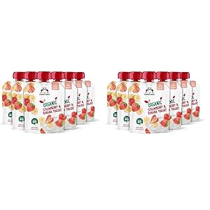 Amazon-Marke: Mama Bear Bio Zubereitung aus Joghurterzeugnis, Erdbeere, Banane und Joghurt, Vegetarian, 90g (6er-Pack) (Packung mit 2)